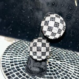 Vintage Black & Clear Crystal Checkered Domed Button Earrings-Boutique